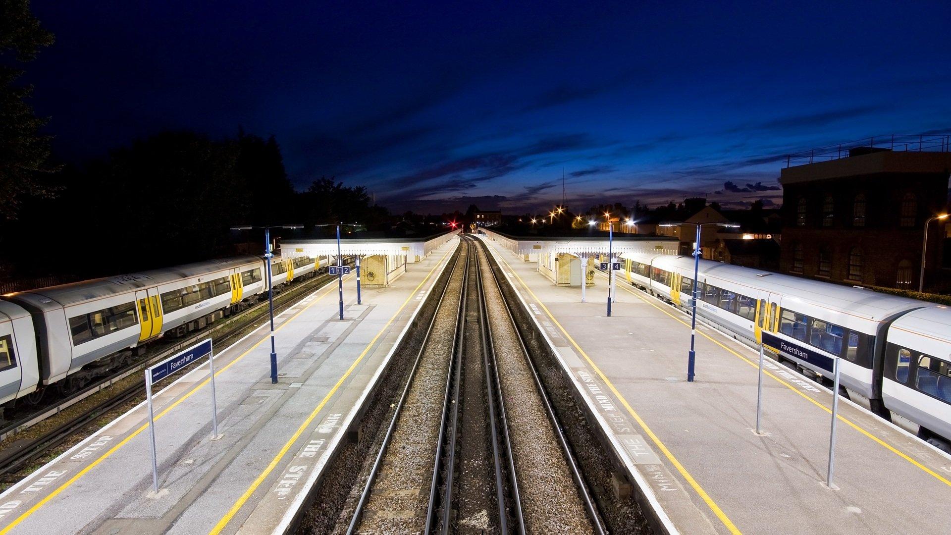 Faversham train station at night during the blue hour, Kent.