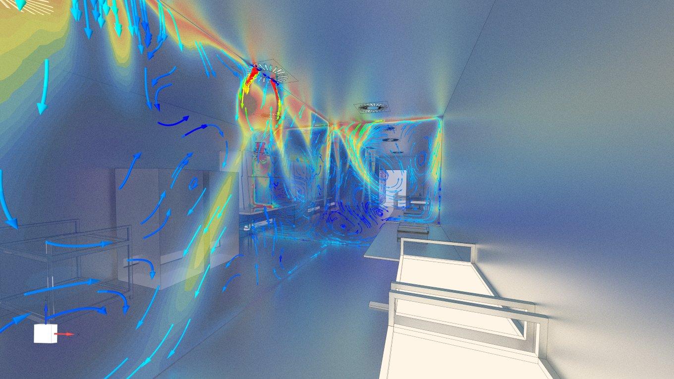 The turbulent air flow from diffusors in the ceiling within a corridor connecting personnel airlock