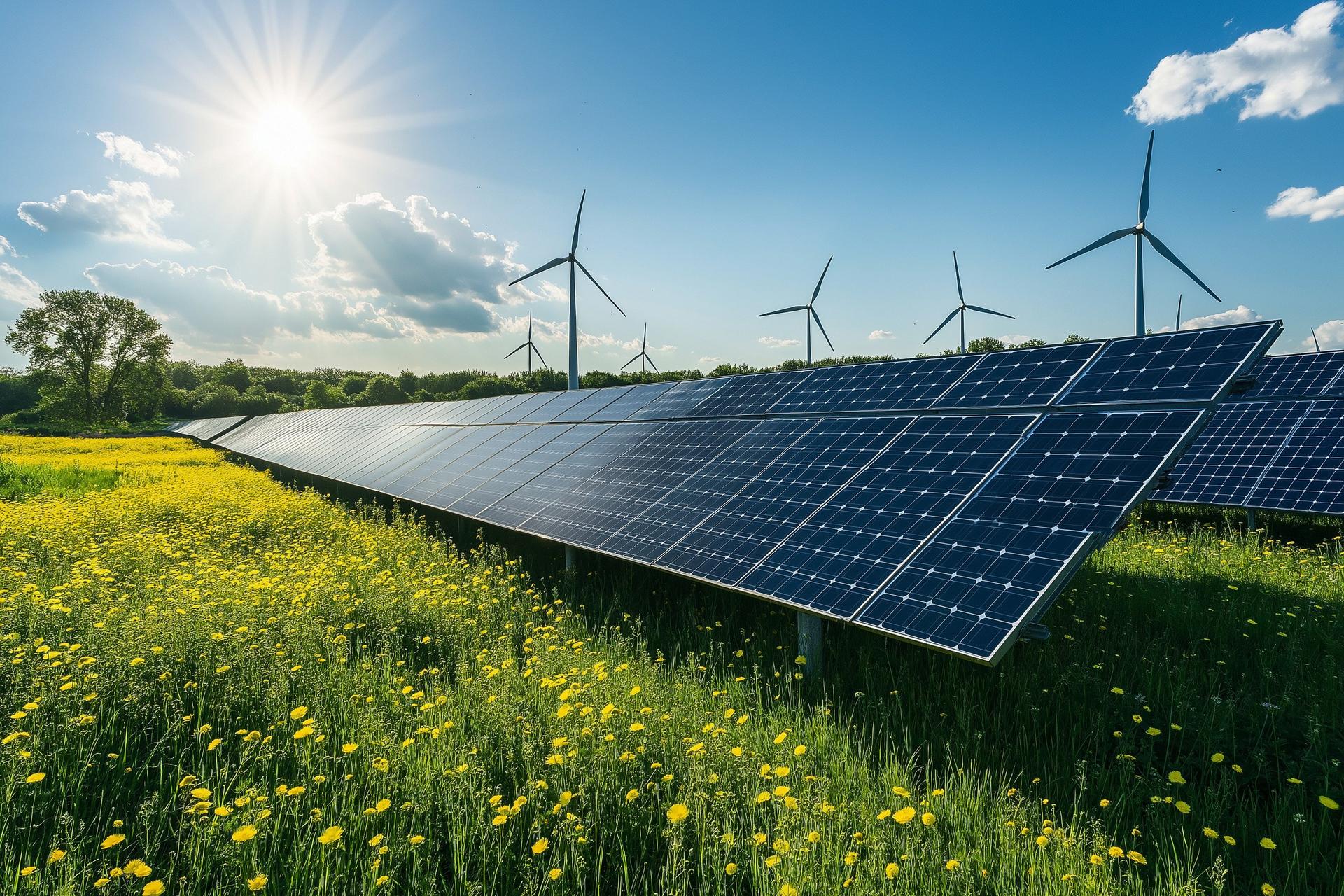 The image shows a sunny landscape with solar panels in the foreground, surrounded by a field of yellow flowers. In the background, several wind turbines are visible against a blue sky dotted with soft clouds. The scene depicts a harmonious blend of solar and wind energy sources in a natural setting.